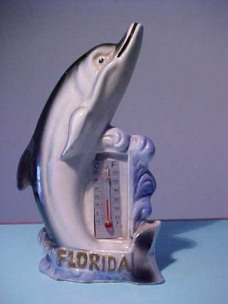 Vintage Florida Souvenir Jumping Dolphin Porpoise Figurine Thermometer Porcelain