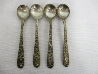 4 Antique Sterling Silver Repousse Floral 2 1/2 " Open Salt Cellar Spoons