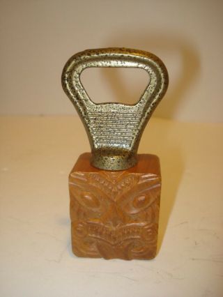 Vintage Zealand Maori Tiki Bottle Can Opener Wooden Carved