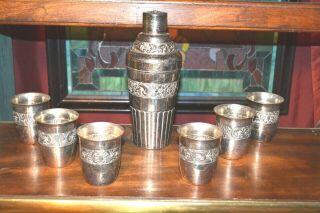 Vintage Art Deco Barware Silver Cocktail Shaker Set W 6 Silver Glasses
