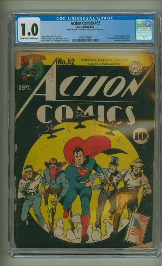 Action Comics 52 (cgc 1.  0) C - O/w Pgs; Origin Vigilante Retold; Dc; 1942 (c 24535