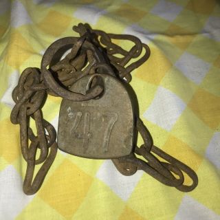 Vintage Antique Brass Om Franklin Serim Co.  Cattle Cow Tag With Rustic Chain 47