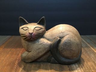 Vintage Folk Art Carved Wood Cat Laying Down