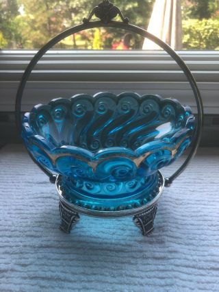 Vtg Victorian Manning Bowman Aqua Glass & Silverplate Brides Basket 1849 - 1945
