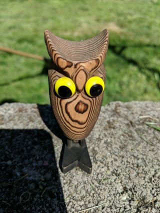 Vintage Carved Wood Owl Figurine Big Glass Eyes