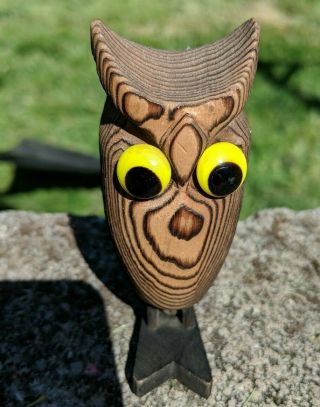 Vintage Carved Wood Owl Figurine Big Glass Eyes 2