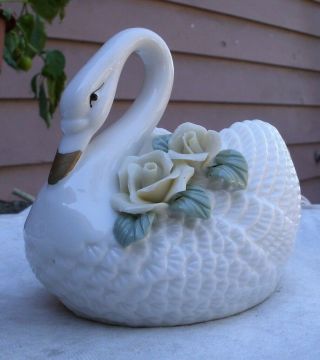 Vintage White Swan W/ Yellow Roses,  Porcelain,  1980s,  Jewelry Dish - Bird,  Flower