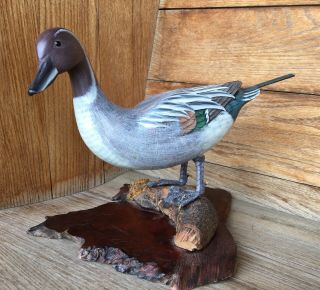 Vintage Hand Carved Painted Wooden Duck Decoy Figure Sculpture Burled Wood Base