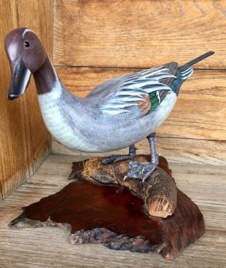 Vintage Hand Carved Painted Wooden Duck Decoy Figure Sculpture Burled Wood Base 3