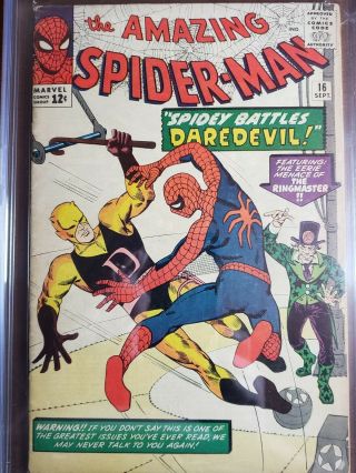 The Spider - Man 16 (Sep 1964,  Marvel Comics) CGC 4.  0 VG |1st Daredevil 5