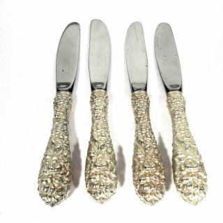 Set Of 4 Antique Stieff Rose Repousse Sterling Silver Butter Knife Spreaders
