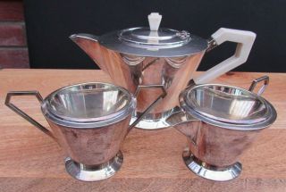 Stylish English Art Deco Silver Plated Tea Set Three Piece Hard Soldered