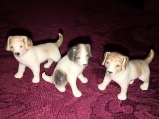 3 Vintage Bisque Porcelain Jack Russell Terrier Puppies Figurines Japan