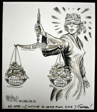 1981 Welfare Crazy Justice Blind Food & Fuel Stamps Cartoon Art Pb