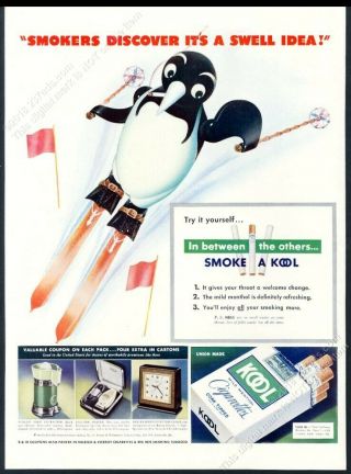 1940 Kool Cigarettes Willie Penguin Smoking Skiing Art Vintage Print Ad