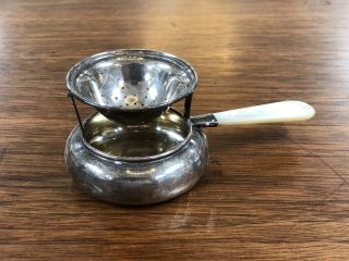 Vintage 1930s Sterling Silver Tea Strainer W/drip Tray & Mother Of Pearl Handle