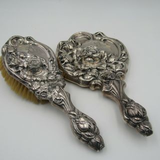 Sterling Silver Floral Repousse Rose Engraved " R " Mirror Brush Vanity Set
