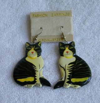 Artisan Wooden Hand - Painted Pierced Cat Earrings With White & Yellow Accents