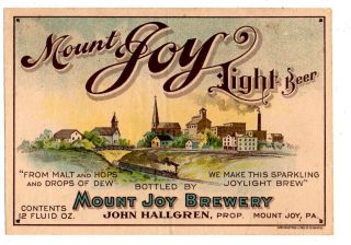 1900s Mount Joy Brewery,  John Hallgren Prop,  Pennsylvania Pre - Pro Beer Label
