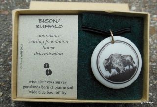 Buffalo Bison Pendant / Cord Touchstone Pottery Hand Made Porcelain 1.  25 "