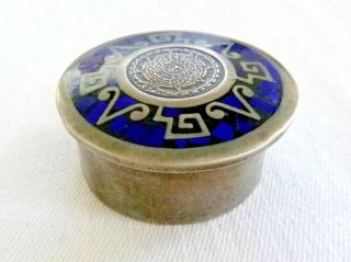 Vintage Sterling Silver Snuff Box Trinket Aztec Calendar Motif Lapis Onyx Signed 2