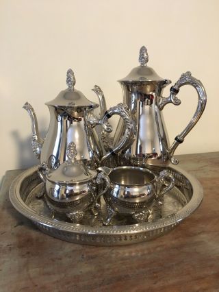 Vintage Silver Plated 5 Piece Ornate Tea & Coffee Pots Milk Jug Sugar With Tray