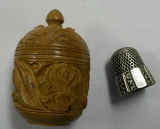 Antique Chinese Carved Coquilla Nut Thimble Holder W/ Sterling Silver Thimble