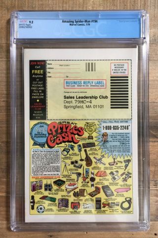 Spiderman 194 CGC 9.  2 White Pages 1st Black Cat 2