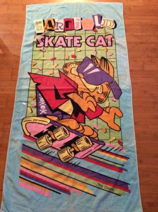Vintage 1978 Garfield Skate Cat Swim Towel Cotton Cartoon 80s