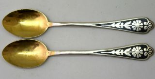 Two Vintage Russian.  875 Enamel Gold Washed Silver Tea Spoon