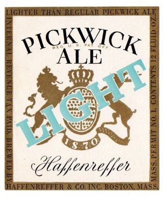 1930s Haffenreffer & Co,  Boston,  Massachusetts Irtp Permit Pickwick Ale Label