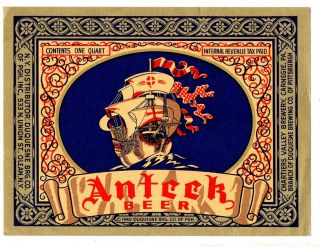 1940s Chartiers Valley Brewing Co,  Carnegie,  Pennsylvania Anteck Beer Irtp Label