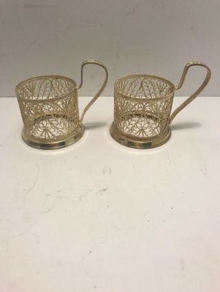 Collectible Vintage Russian Filigree Glass Tea Cup Holders Set Of Two Silver