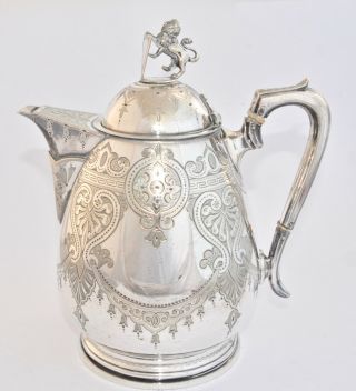 Antique Silver Plate Hot Water Pot - Chased,  Lion & Shield Finial - 2l