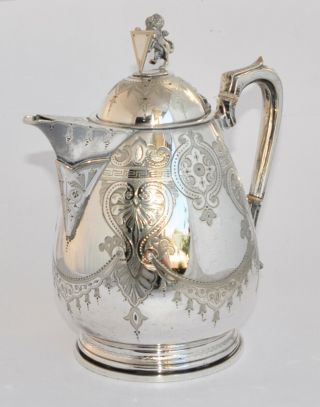 Antique Silver Plate Hot Water Pot - Chased,  Lion & Shield Finial - 2L 2