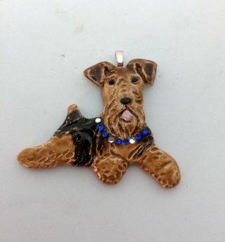 Airedale Lakeland Welsh Terrier Dog Pendent Jewelry Ooak Sculpture Painting Art