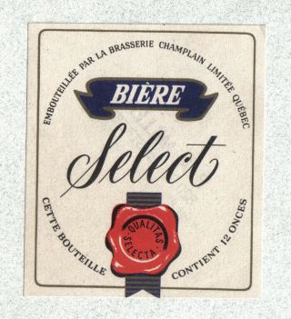 Brewery Label - Canada - Biere Select - La Brasserie Champlain Ltd.  - Quebec