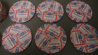 Nos 6 Budweiser Beer Label Metal Coasters With Cork Bottom Comes In A Tin To Sto