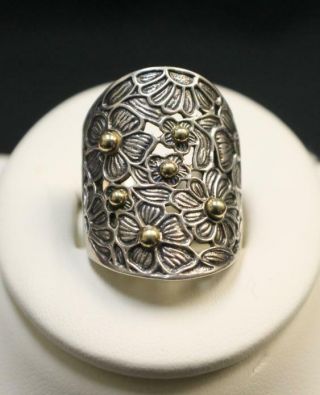 Noy Li Israel Sterling Silver 925 14kt Gold Wide Floral Hammered Band Ring (s791