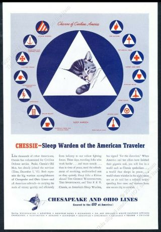 1942 Chessie Kitten Sleeping Wwii Civil Defense Symbols C&o Rr Vintage Print Ad
