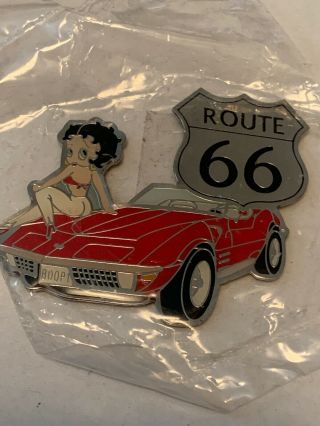Betty Boop Route 66 With Red Corvette Metal Magnet,  Old Stock