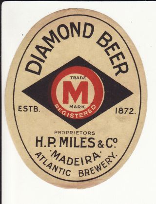 Very Old Madeira Brewery Beer Label - Henry Miles Atlantic Brewery Diamond Beer