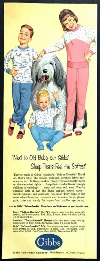 1956 Old English Sheep Dog & Kids Art Gibbs Underwear Vintage Print Ad