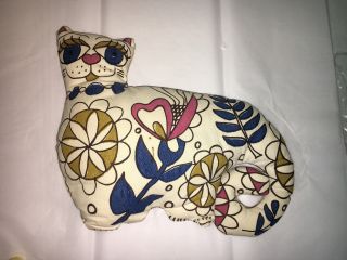 Vtg 1960s Mid Century Modern Kitty Cat Pillow Floral White Multi Abstract