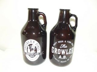 (2) 32 Oz Brown Glass Beer Growler W.  Ligs,  Soudthern Pines & A.  B.  Growler,  Nc