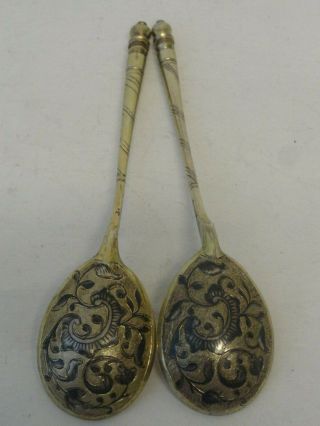 Antique Russian 84 Silver Niello Enamel Spoons.  Length Is 5 Inches