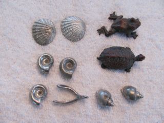 10 Vintage Small Lead Shells Frog Turtle Wishbone.