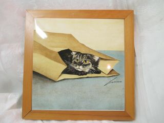 Vintage 1986 Vandor Lowell Herrero Framed Wall Tile Cat Hiding In Bag