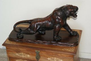Antique Japanese Late Meiji Cast Metal Tiger With An Wood Stand