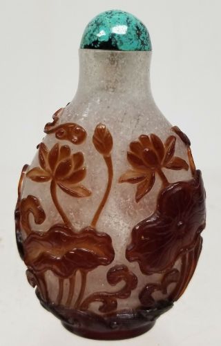 Antique Chinese Peking Glass Cameo Overaly Carved Snuff Bottle Lotus Crane